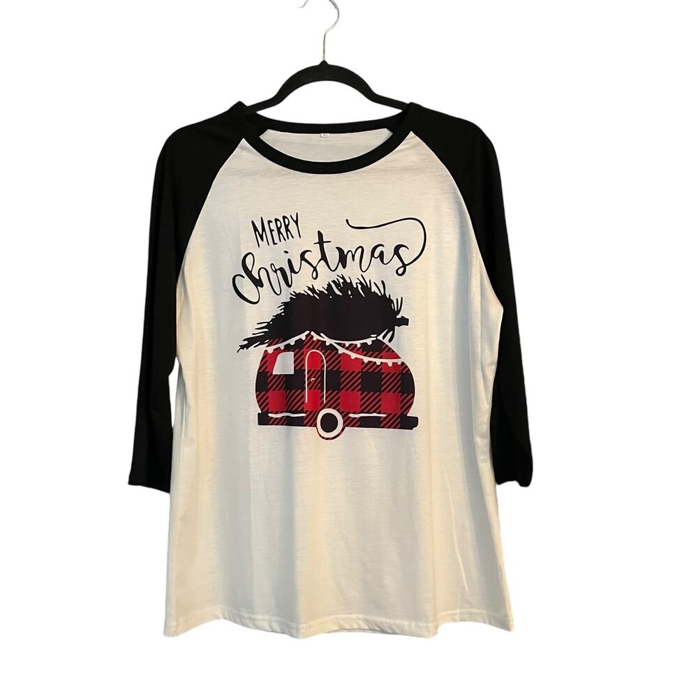 Merry Christmas Retro Plaid Camper Raglan Shirt Top Black & White  XL Country